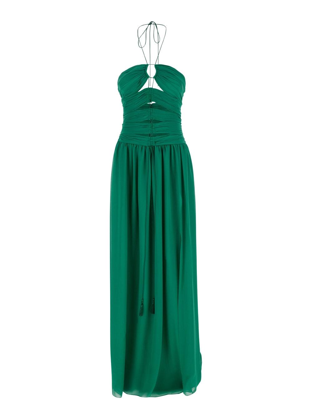 green long dress with halterneck and front cut-out in silk woman