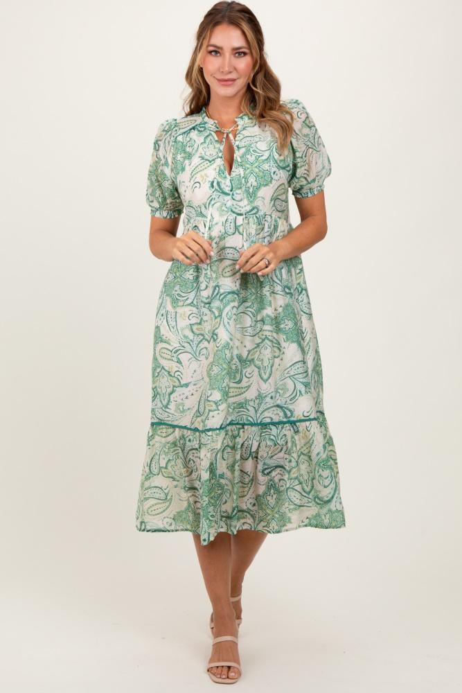 green paisley front tie ruffle trim midi dress