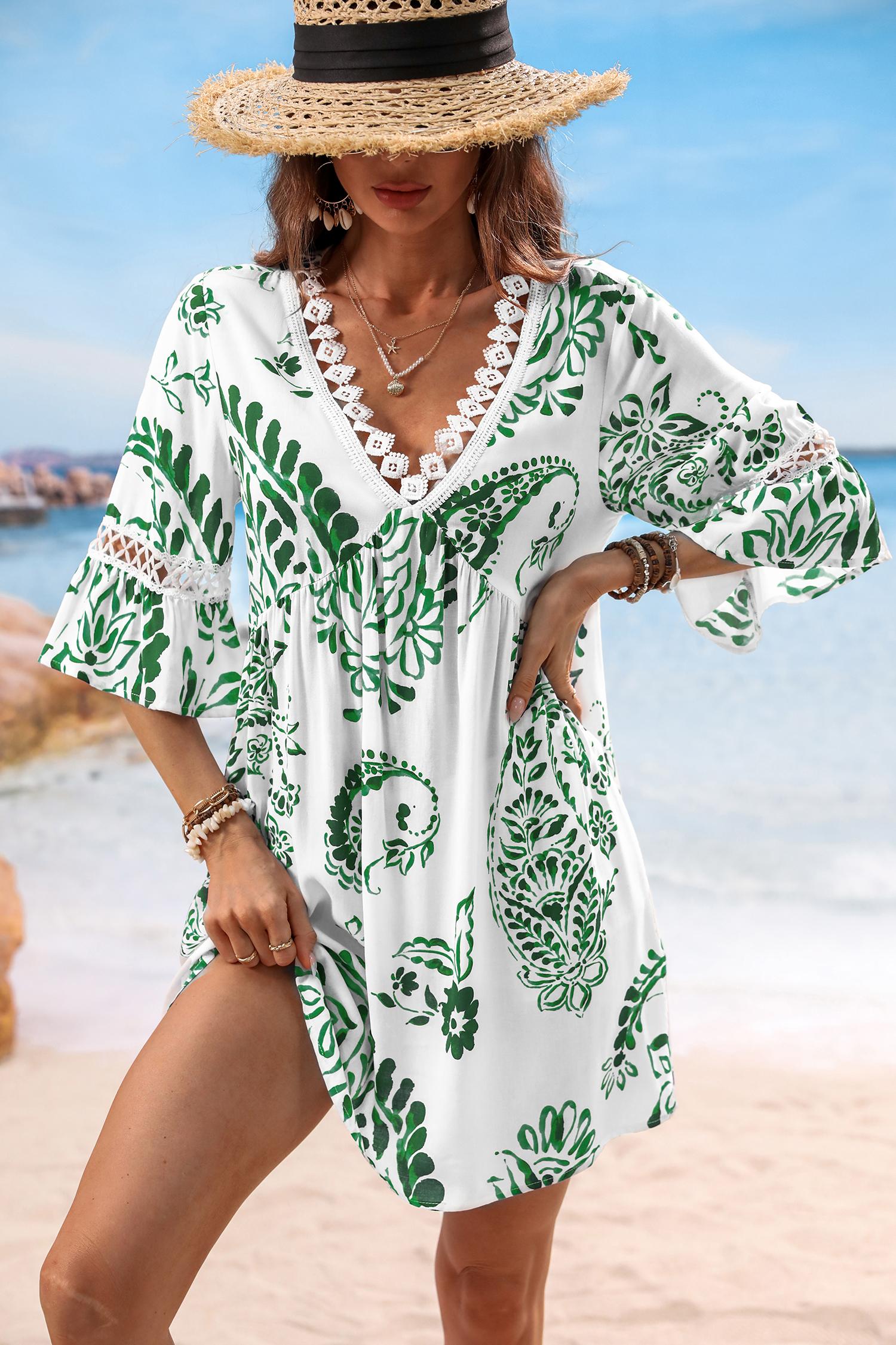 green paisley v-neck mini dress - l