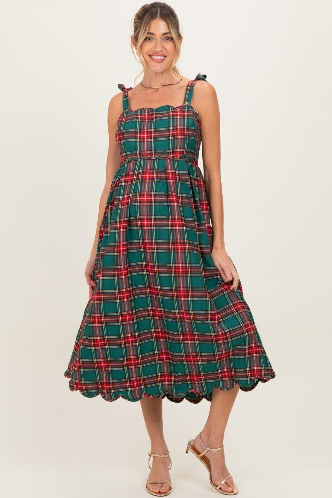 green plaid shoulder tie scallop hem maternity midi dress
