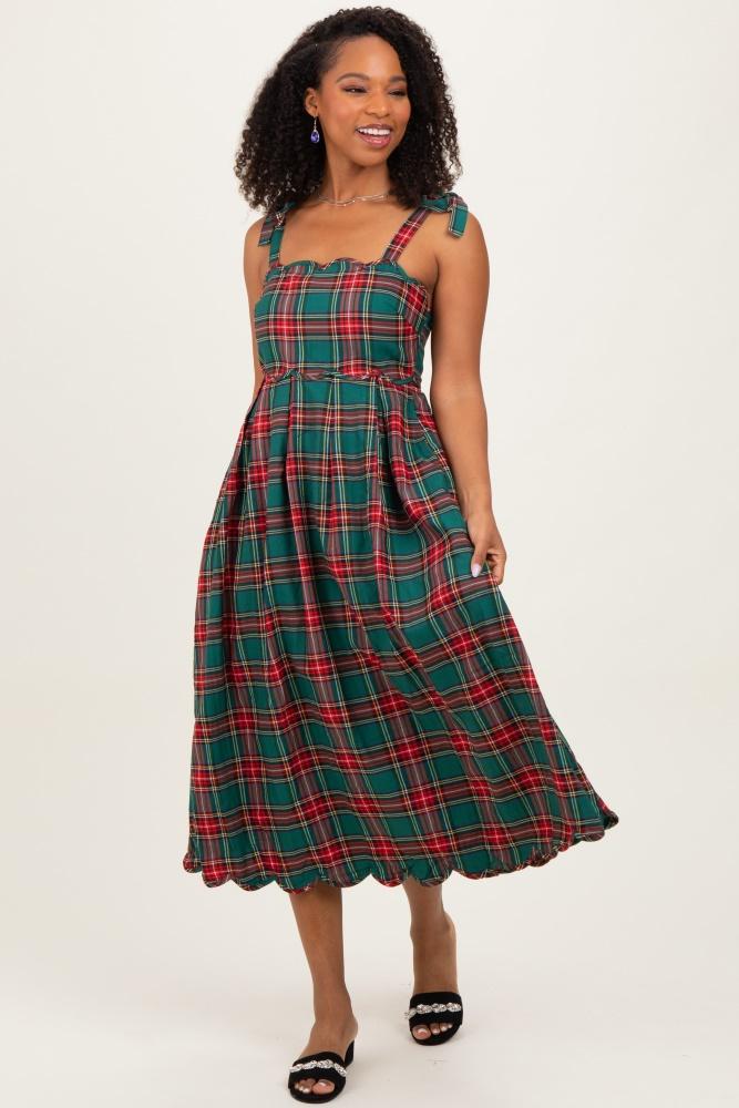green plaid shoulder tie scallop hem midi dress