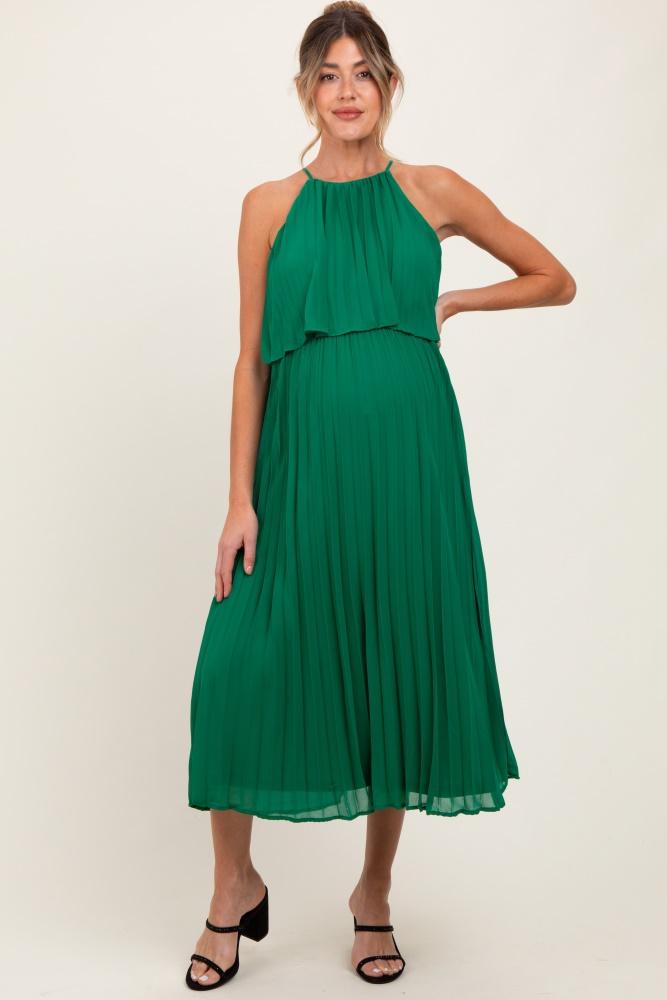 green pleated woven maternity midi dress