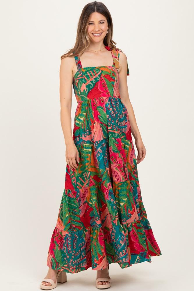 green printed shoulder tie tiered maternity maxi dress