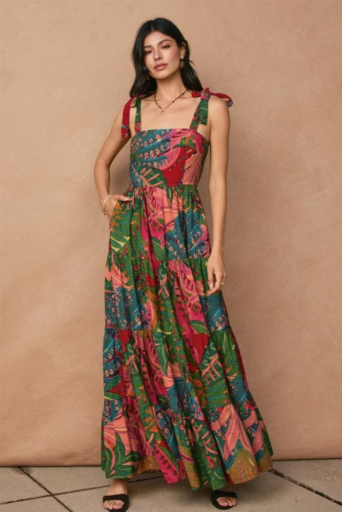 green printed shoulder tie tiered maxi dress