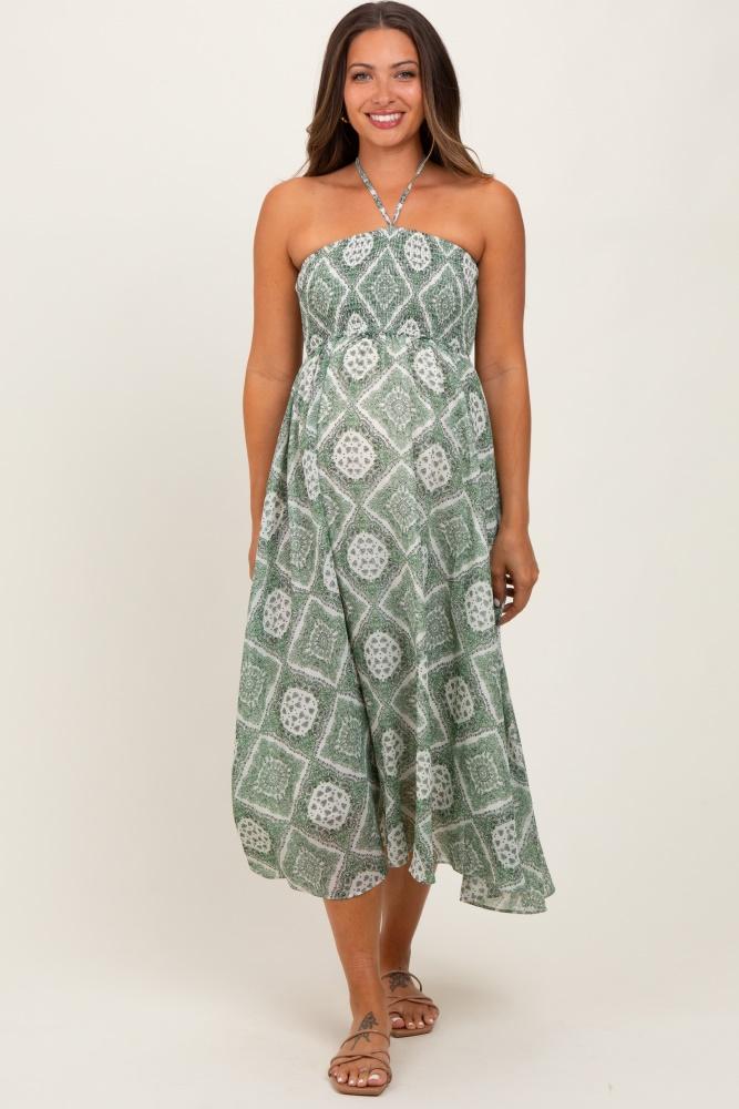 green printed smocked halter maternity midi dress