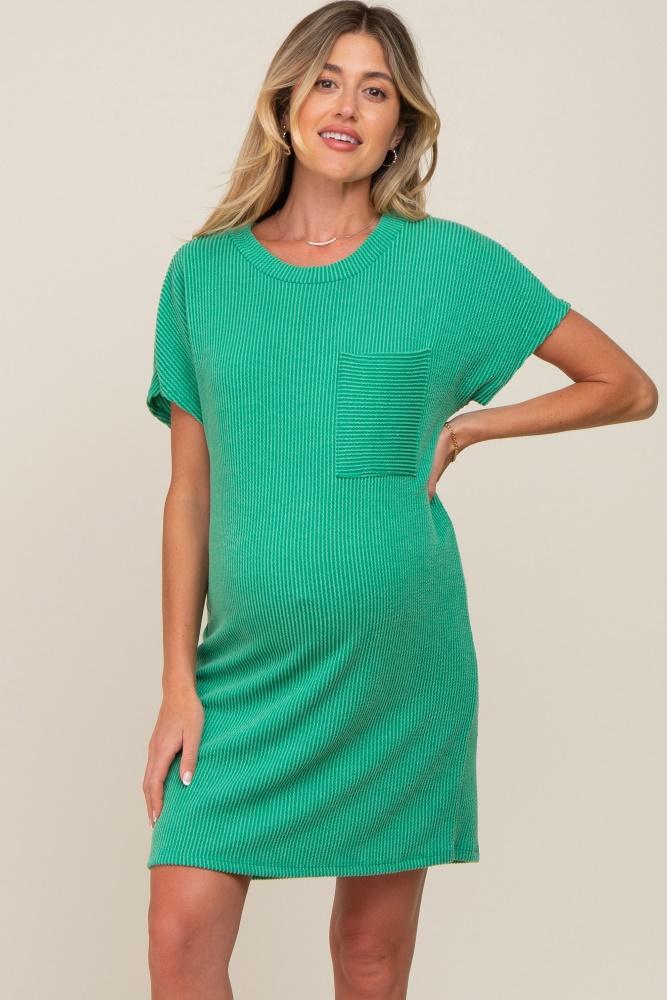 green ribbed front pocket dolman short sleeve maternity dress