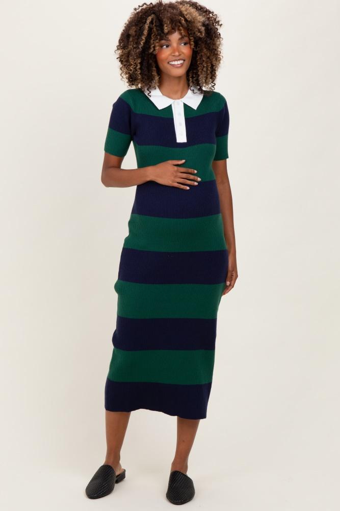 green ribbed striped knit polo maternity midi dress