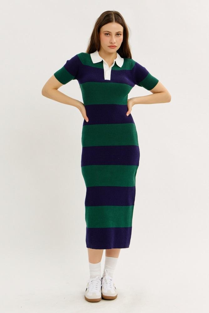 green ribbed striped knit polo midi dress