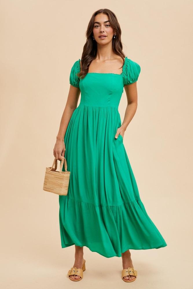 green ruffle detail square neck maxi dress