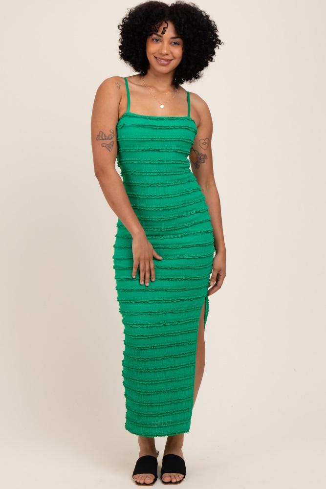 green ruffle tiered fitted maxi dress