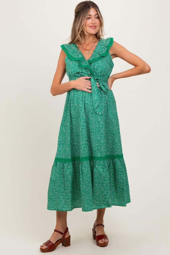 green ruffled floral cotton maternity maxi dress