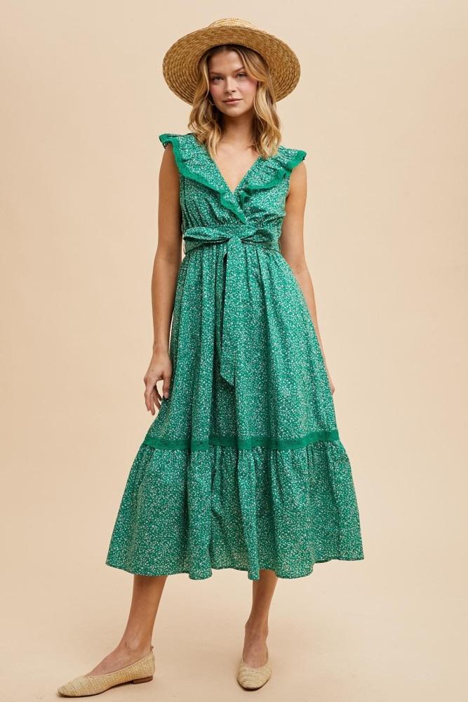 green ruffled floral cotton maxi dress