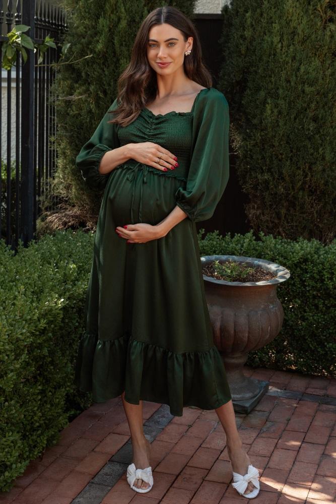 green satin smocked cinched bust maternity midi dress