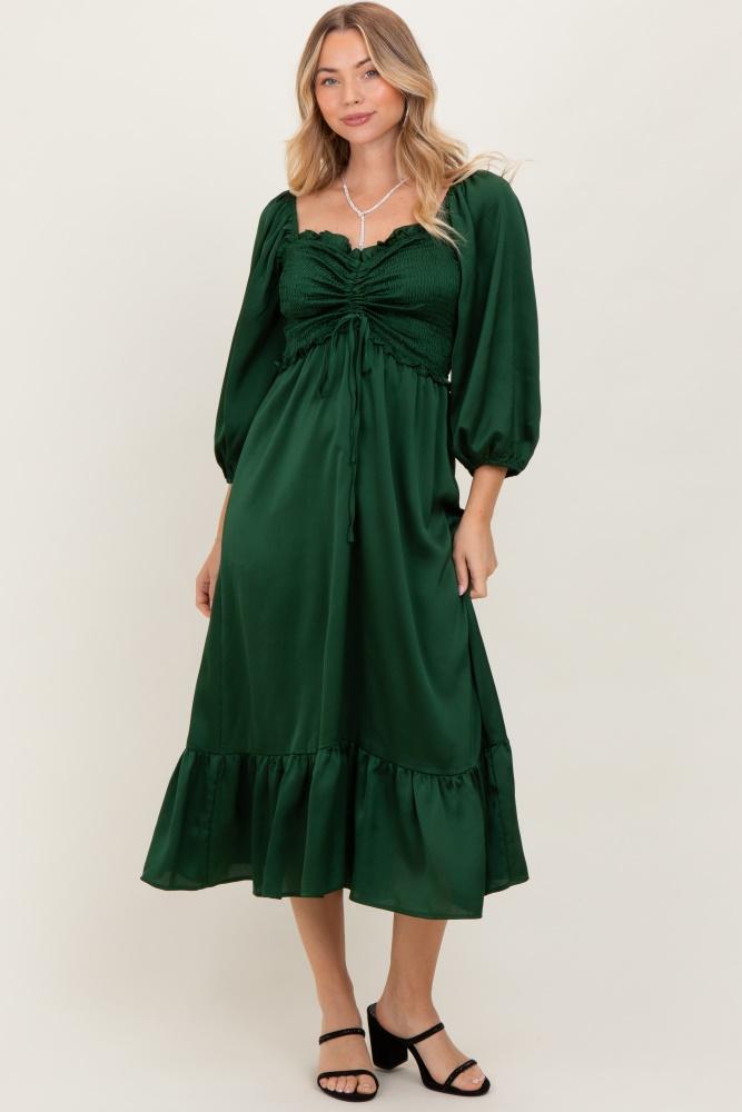 green satin smocked cinched bust midi dress