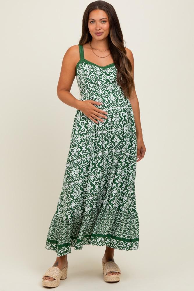 green sleeveless border print maternity maxi dress
