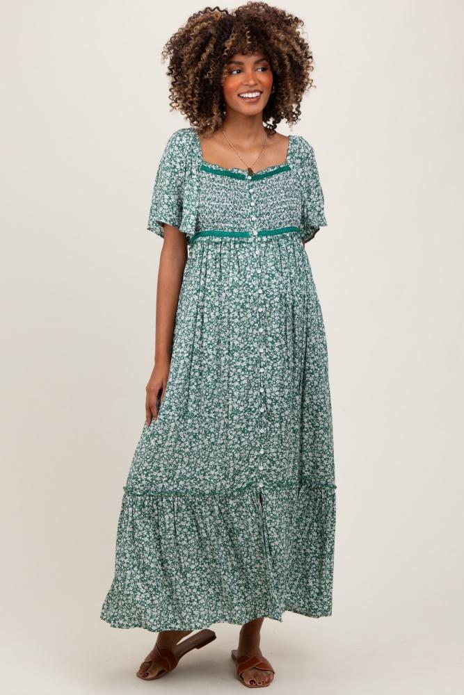 green smocked button down flutter sleeve maternity maxi dress