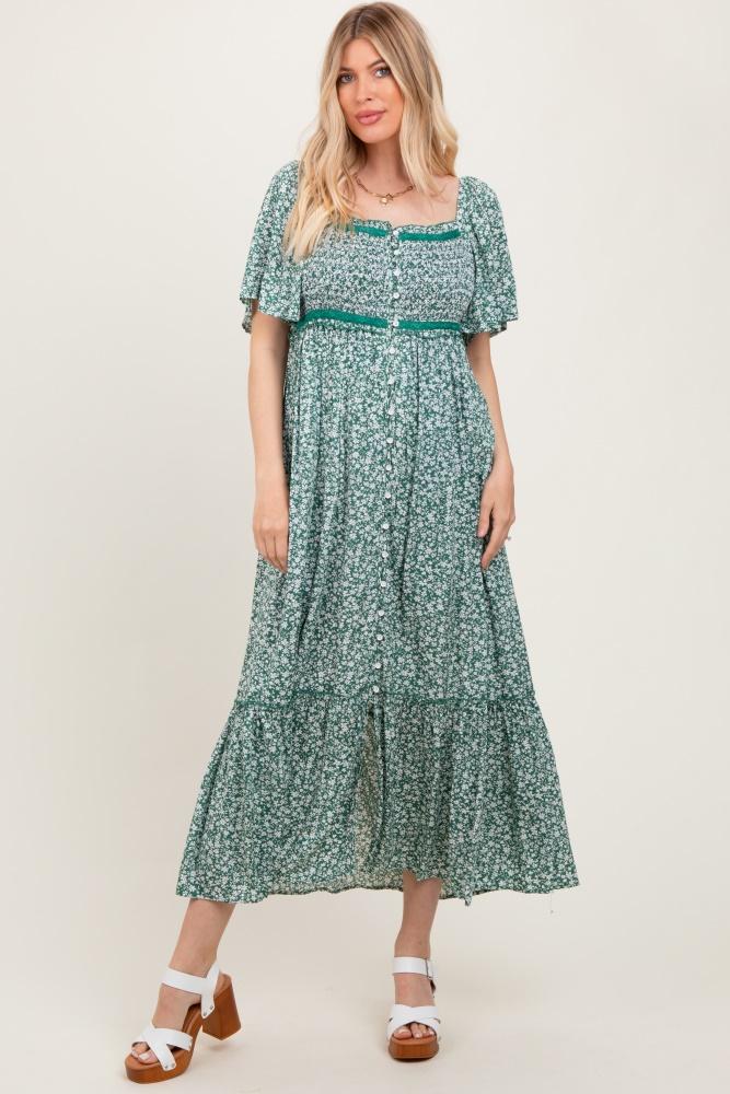 green smocked button down flutter sleeve maxi dress