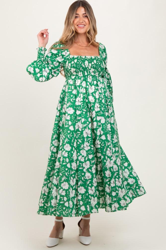 green smocked cotton floral maternity maxi dress