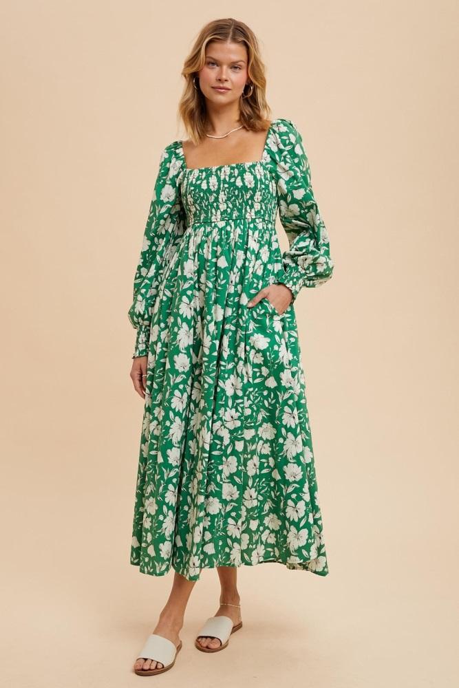 green smocked cotton floral maxi dress