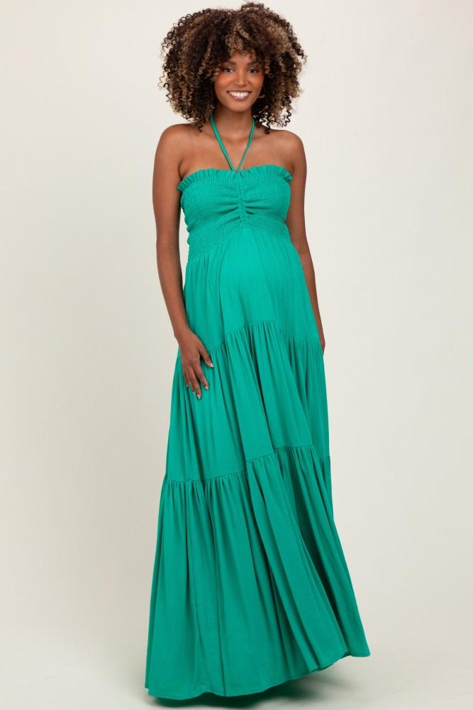 green smocked halter tiered maternity maxi dress