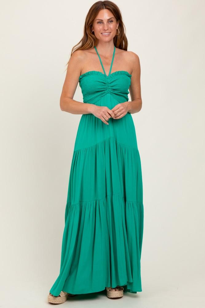 green smocked halter tiered maxi dress