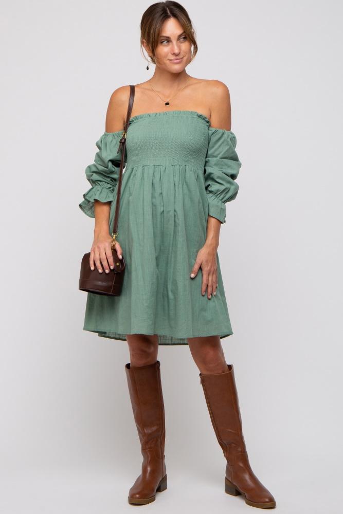 green smocked off shoulder long sleeve dress