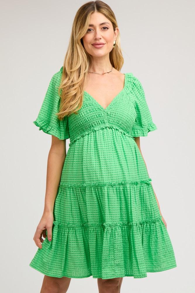 green smocked v-neck ruffle short sleeve tiered maternity dress