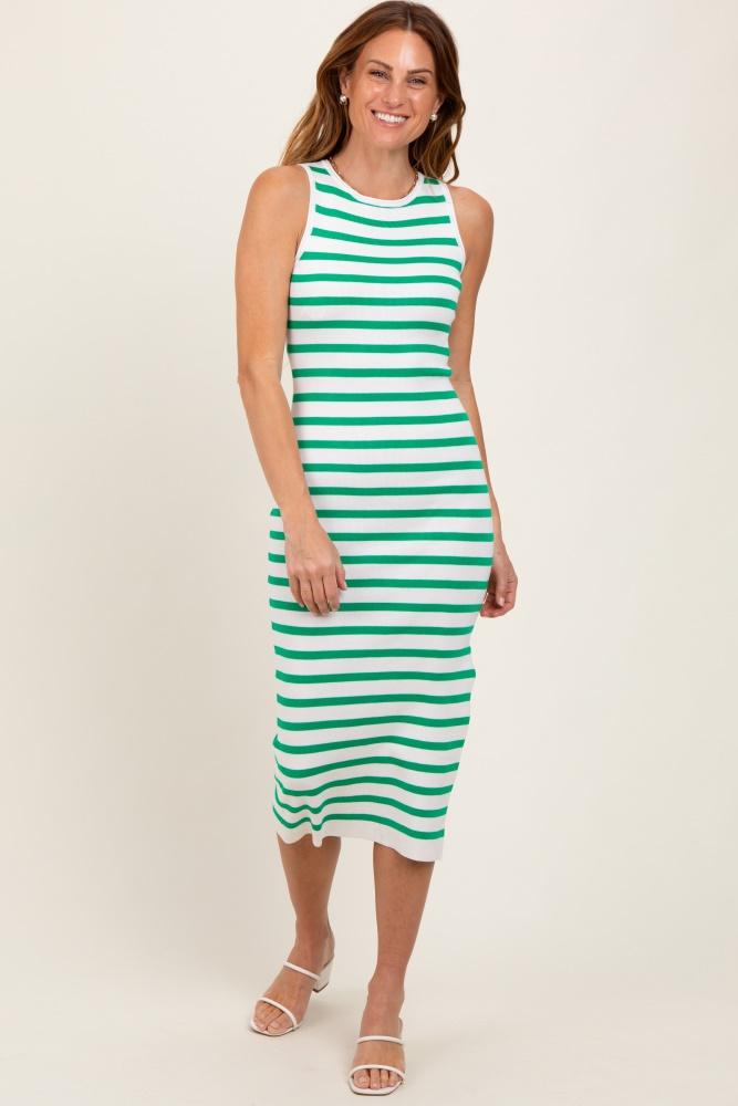 green striped knit sleeveless side slit midi dress