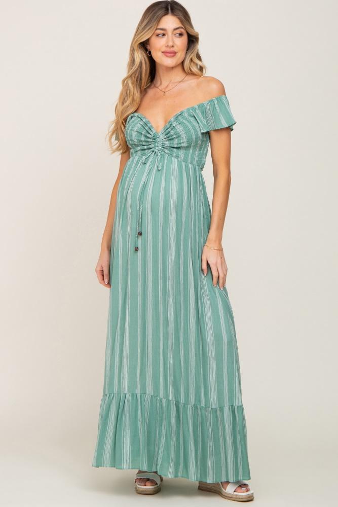 green striped off shoulder front tie maternity maxi dress