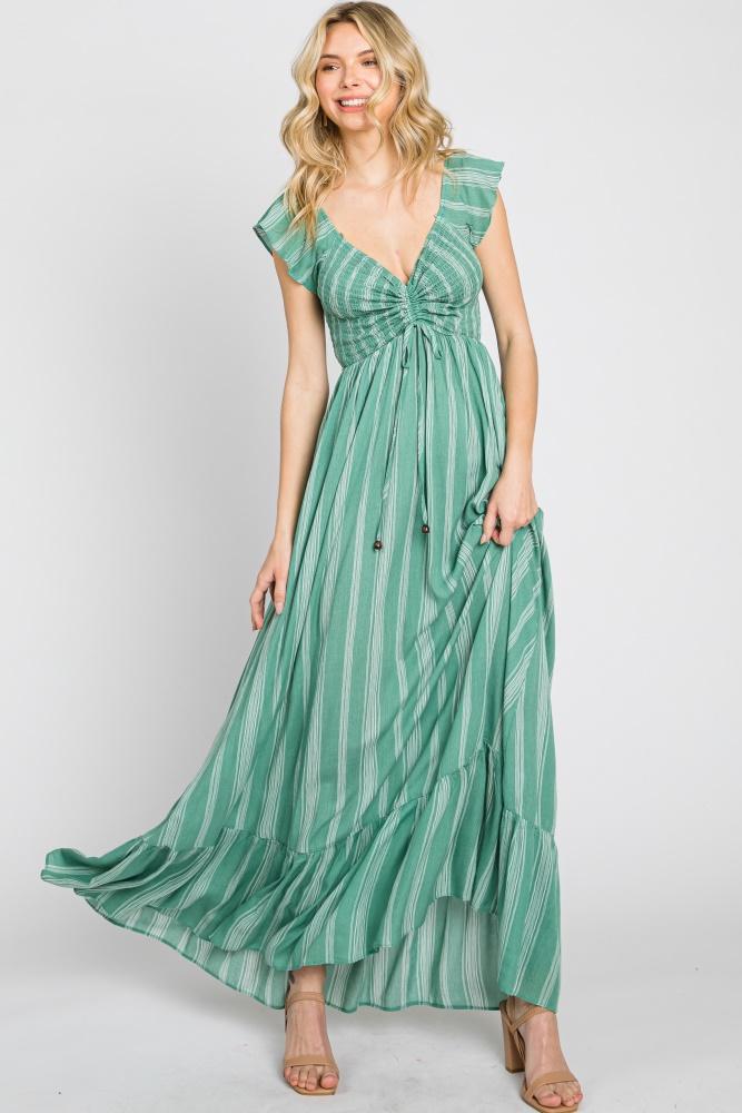 green striped off shoulder front tie maxi dress