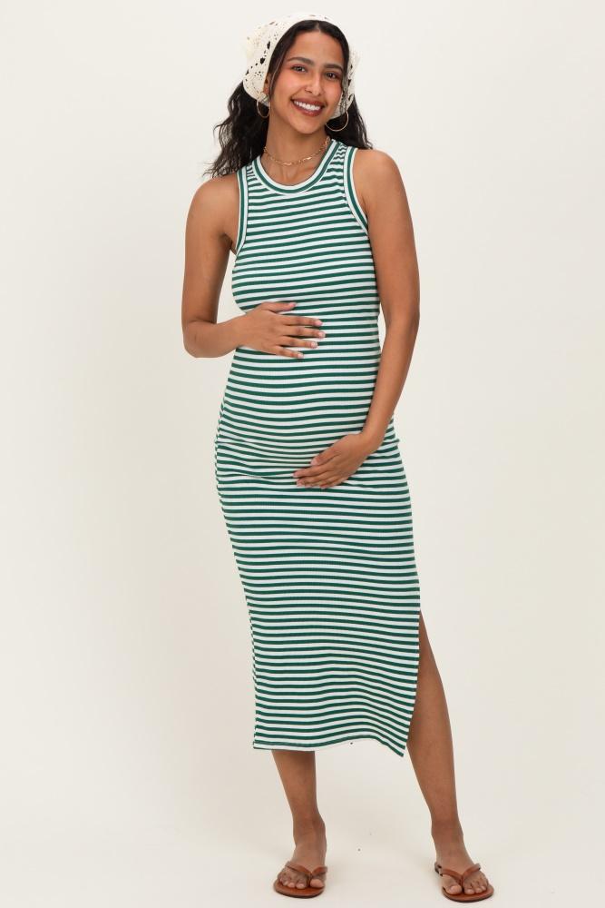 green striped side slit maternity tank dress