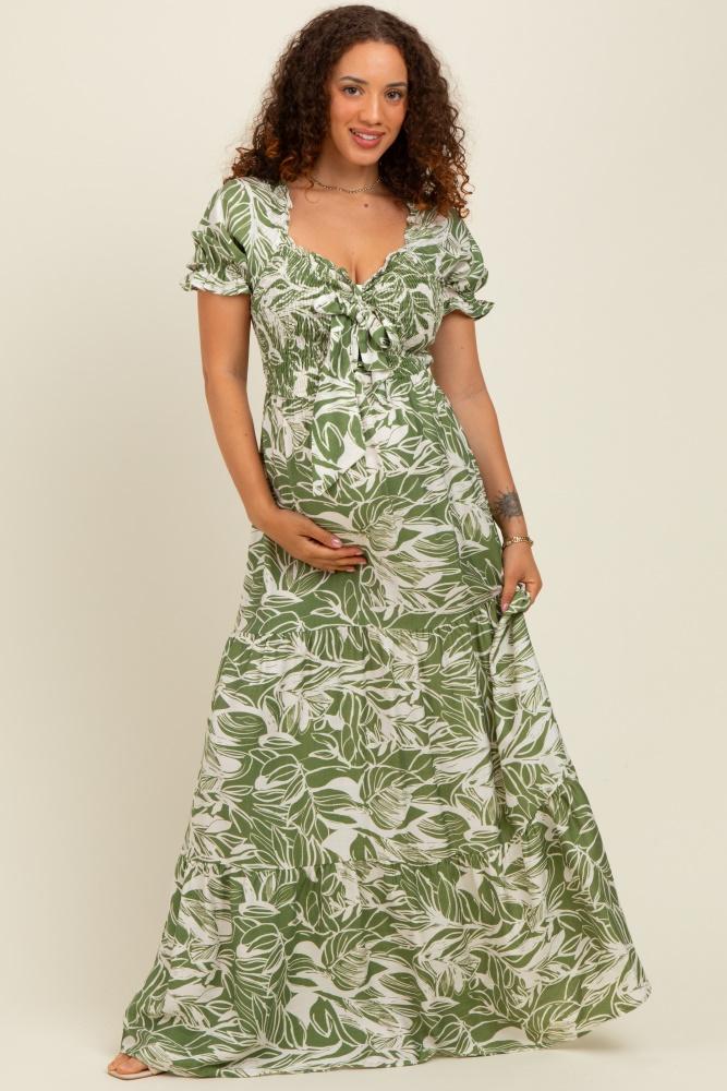 green tropical print smocked front tie maternity maxi dress