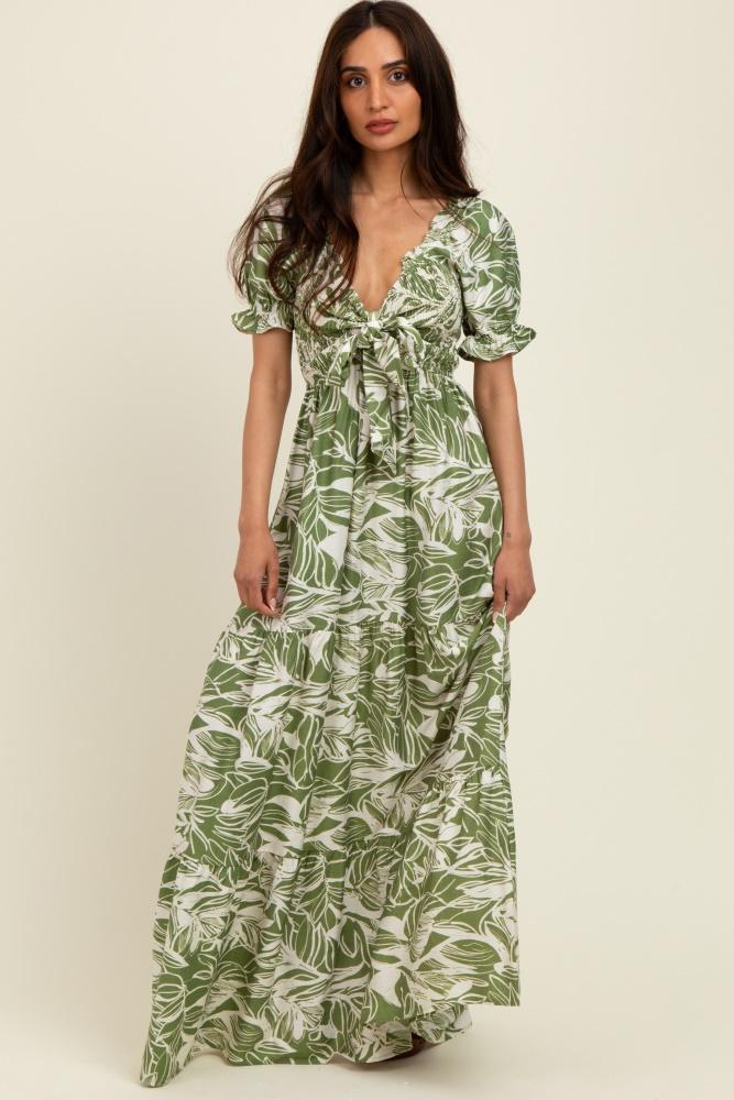 green tropical print smocked front tie maxi dress