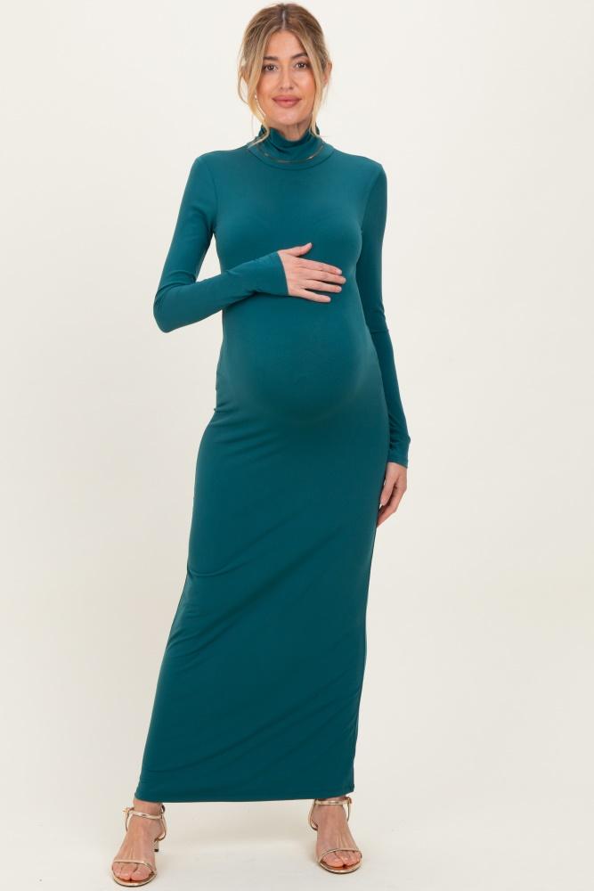 green turtleneck long sleeve maternity maxi dress