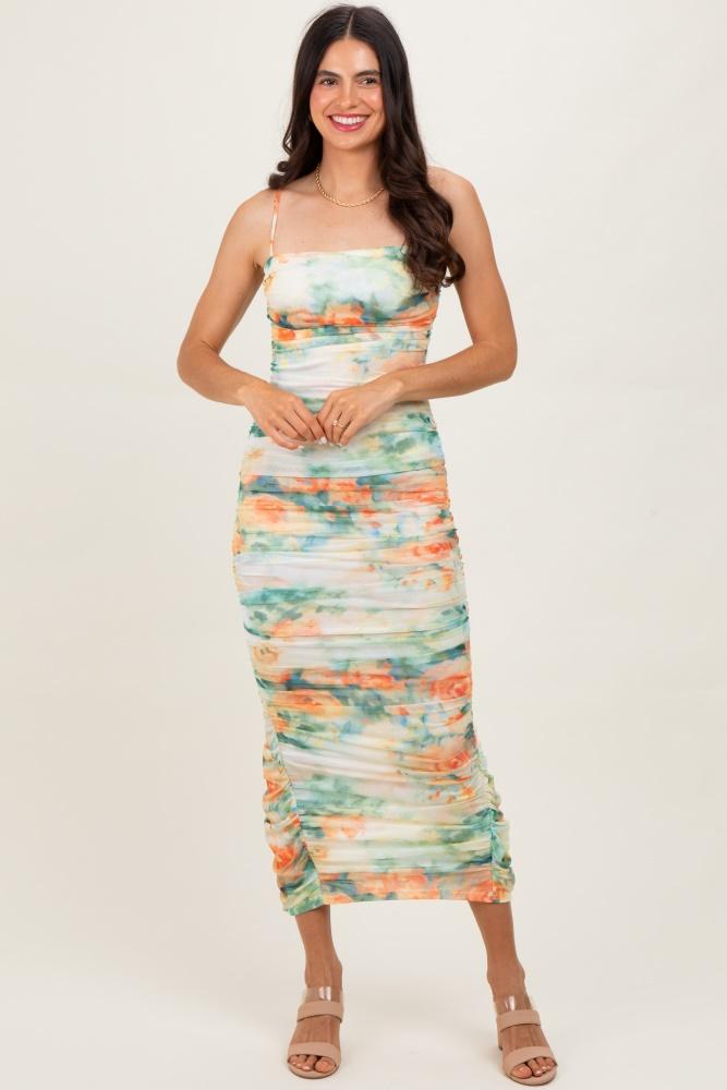 green watercolor floral mesh ruched sleeveless dress