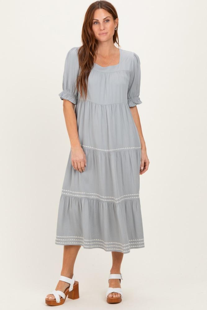 grey embroidered tiered midi dress