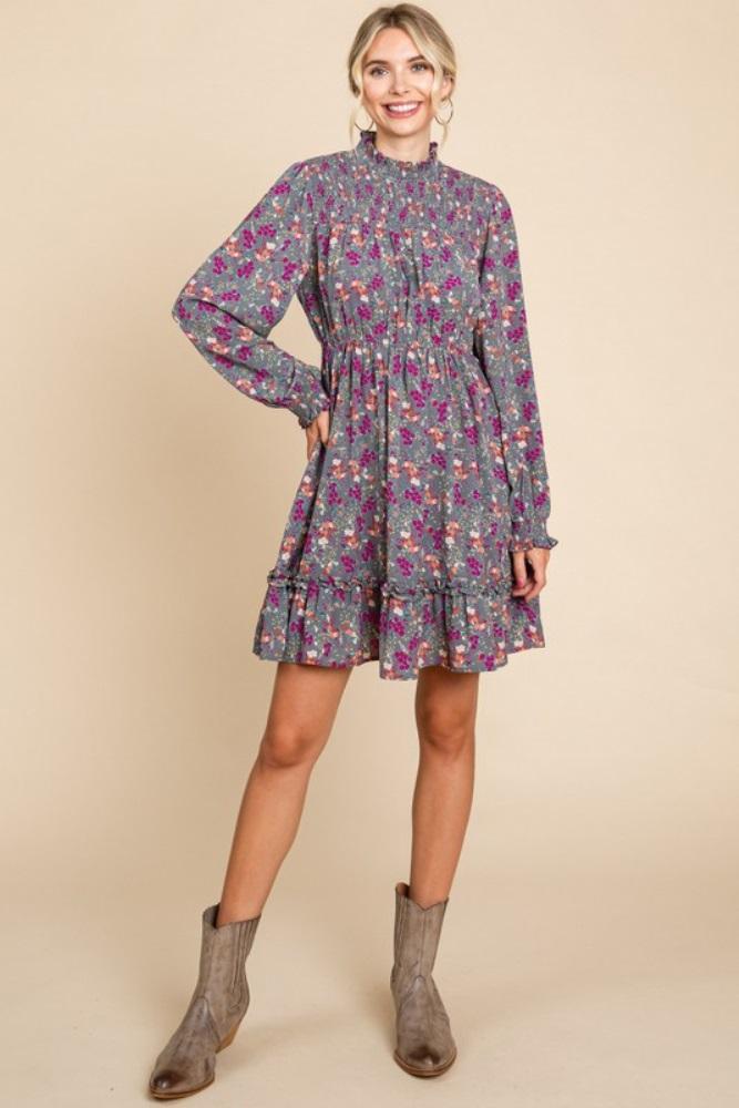 grey floral print smocked yoke dress