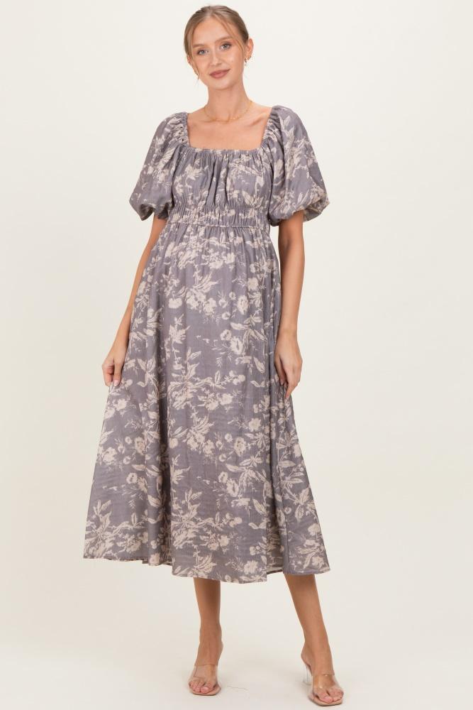 grey floral puff sleeve smocked waist maternity midi dress