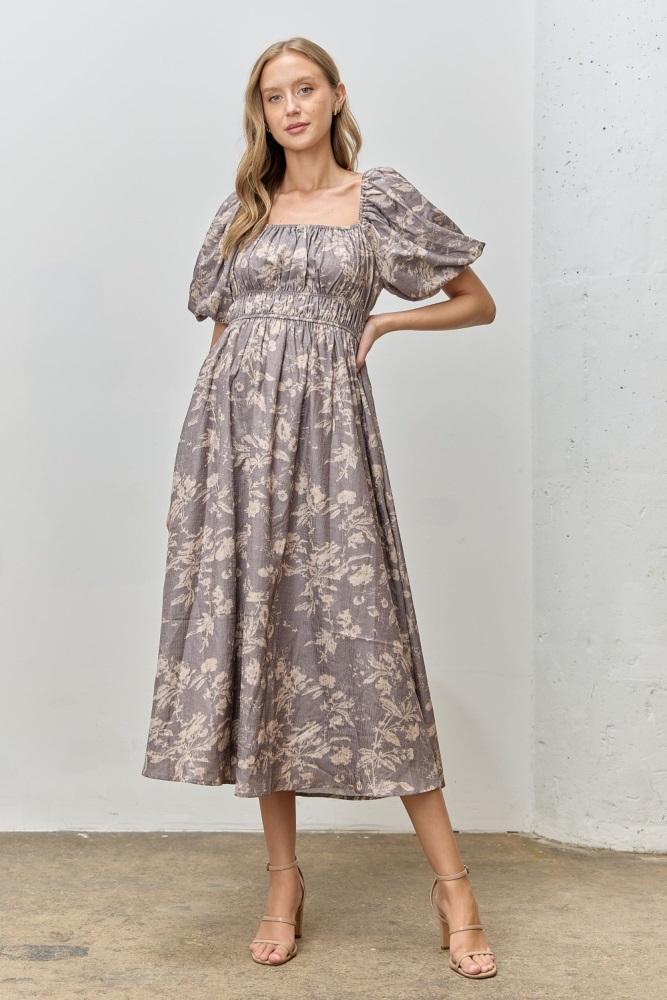 grey floral puff sleeve smocked waist midi dress