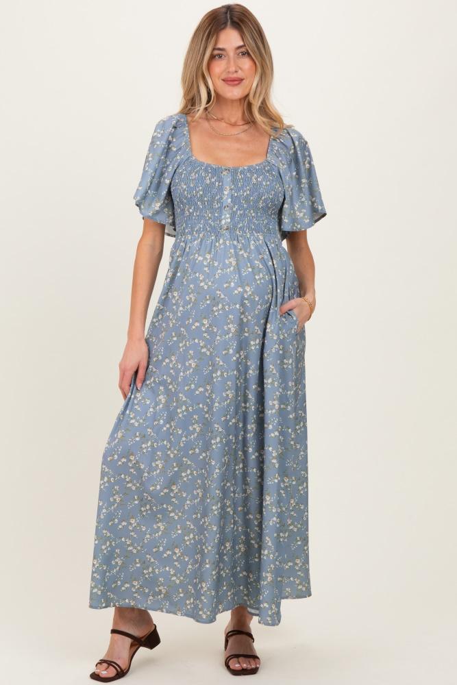 grey floral smocked flutter sleeve maternity midi dress