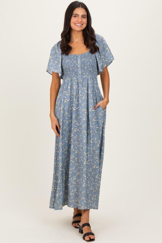 grey floral smocked flutter sleeve midi dress