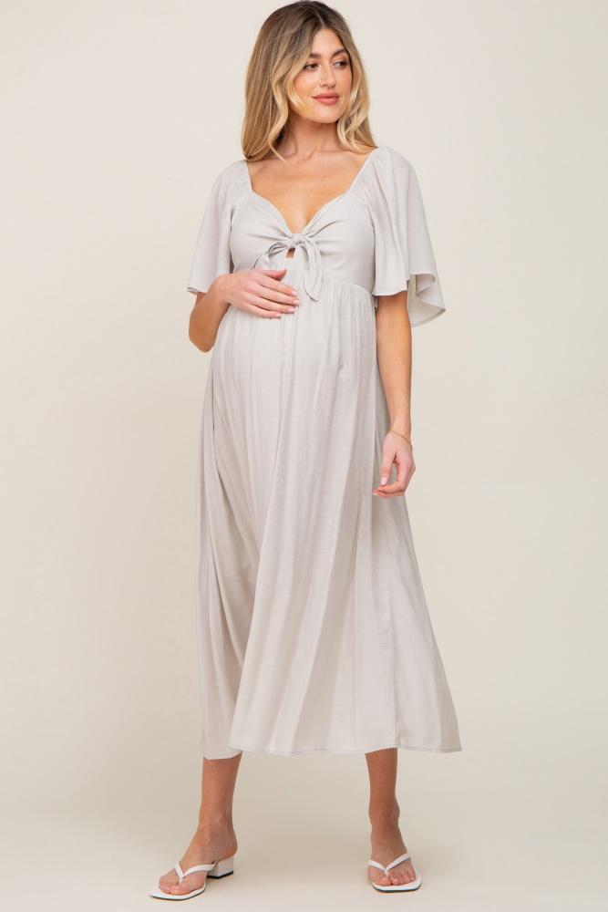 grey front tie ruffle sleeve maternity midi dress