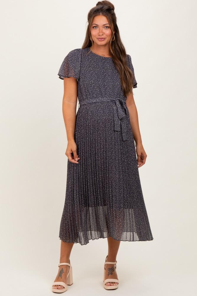 grey leaf print pleated maternity midi dress