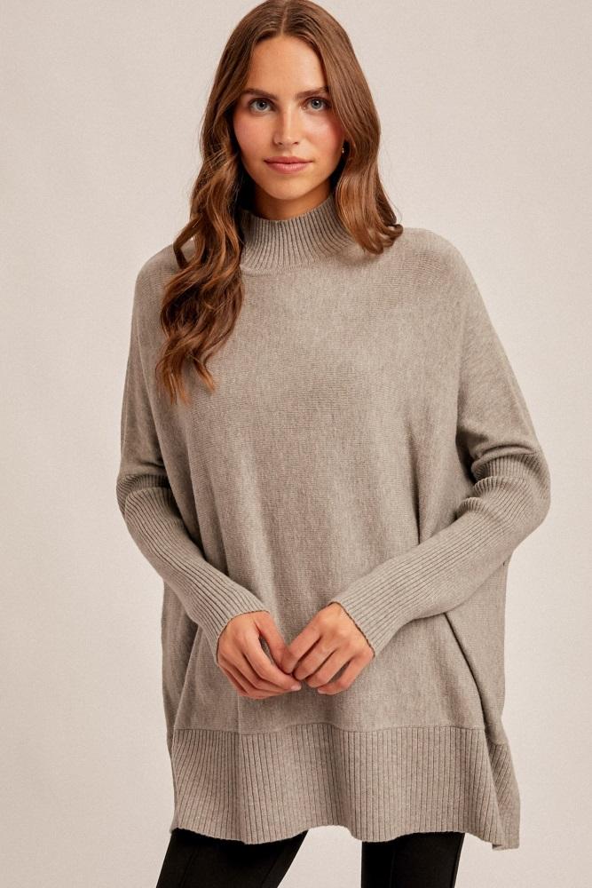 grey mock neck oversized sir slit sweater top