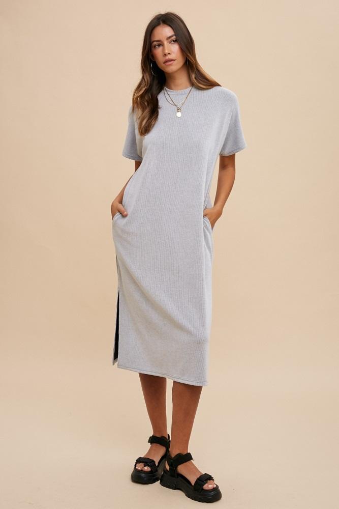 grey ribbed short dolman sleeve side slit midi dress