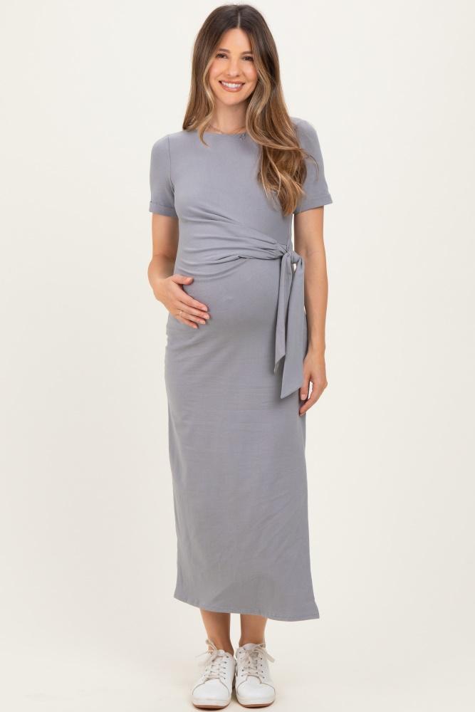grey short sleeve waist tie side slit maternity maxi dress