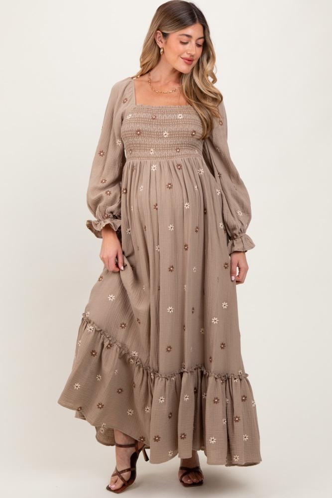 grey taupe long sleeve floral accent maternity dress
