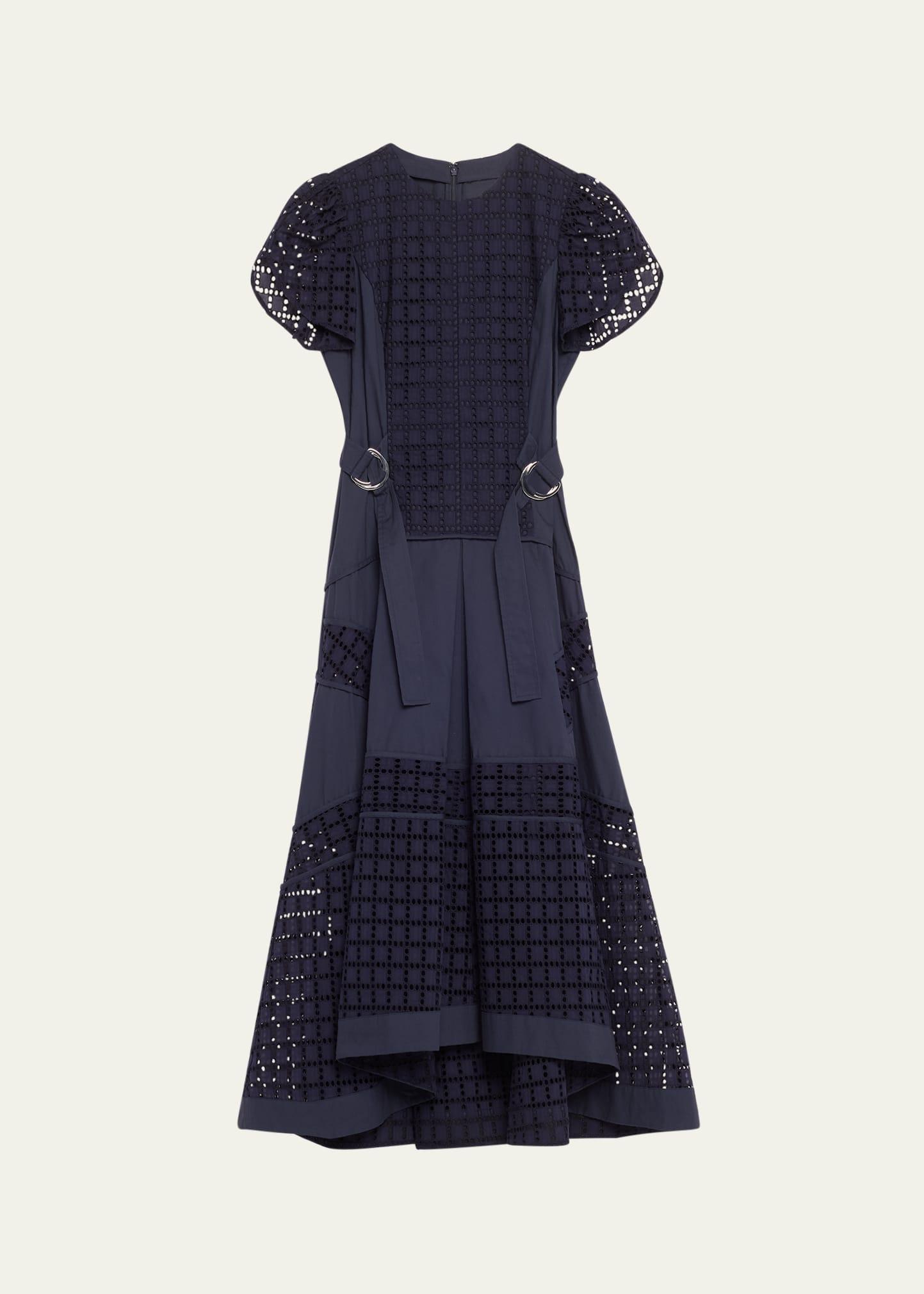 grid broderie anglaise tulip midi dress