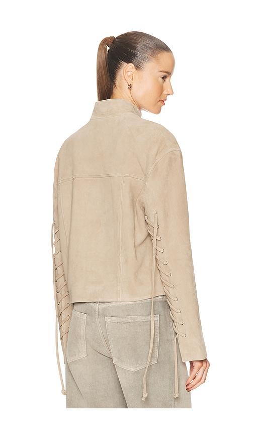 grlfrnd annika suede lace up jacket in beige.