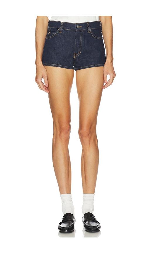 grlfrnd florence low rise mini short in blue.